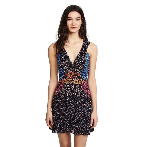 SALONI Amy Floral-Print Silk Dress In Ebony Posey Mini Sleeveless Ruffles Size 0 - Picture 1 of 9